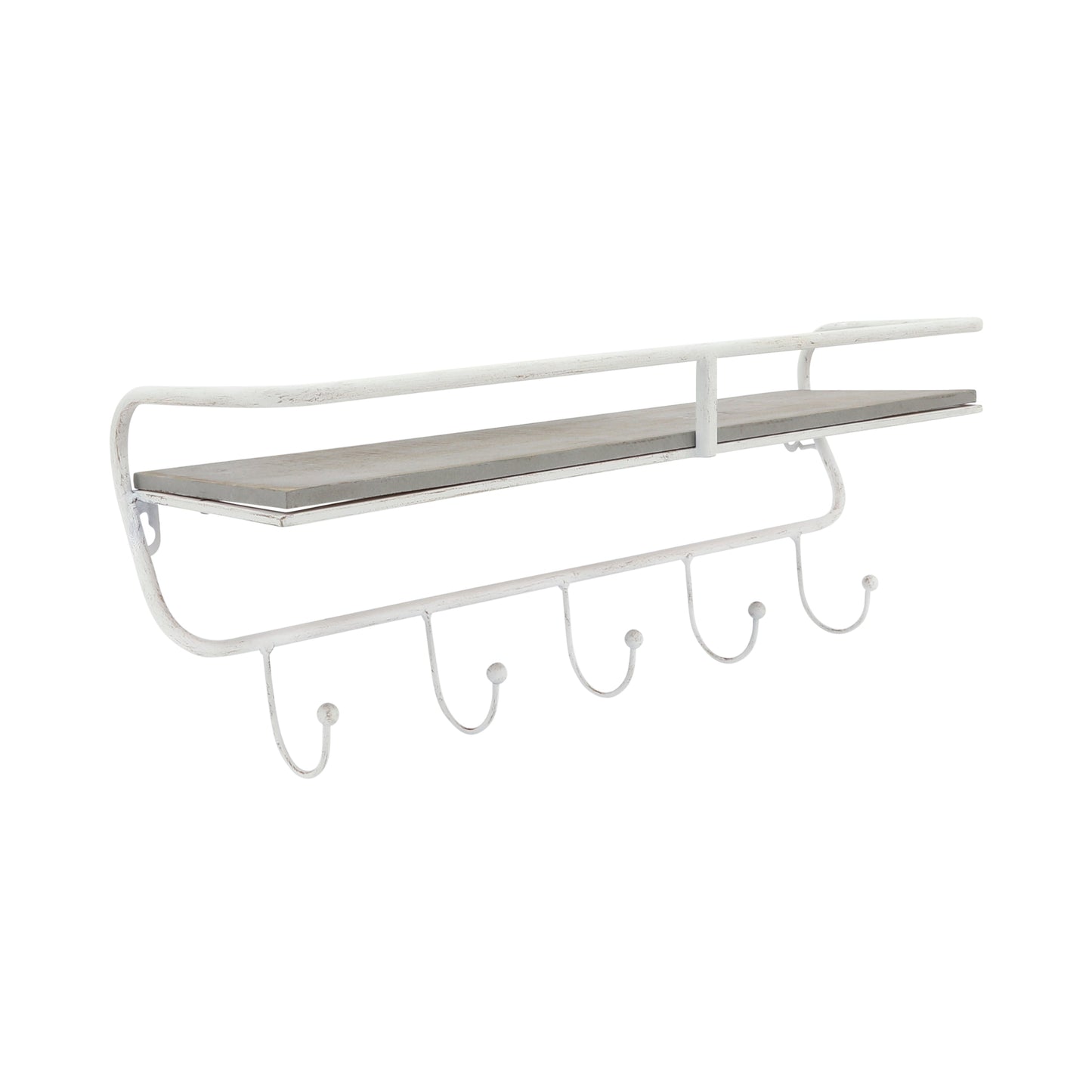 Metal/wood 20" 5 Hook Wall Shelf, White/gray