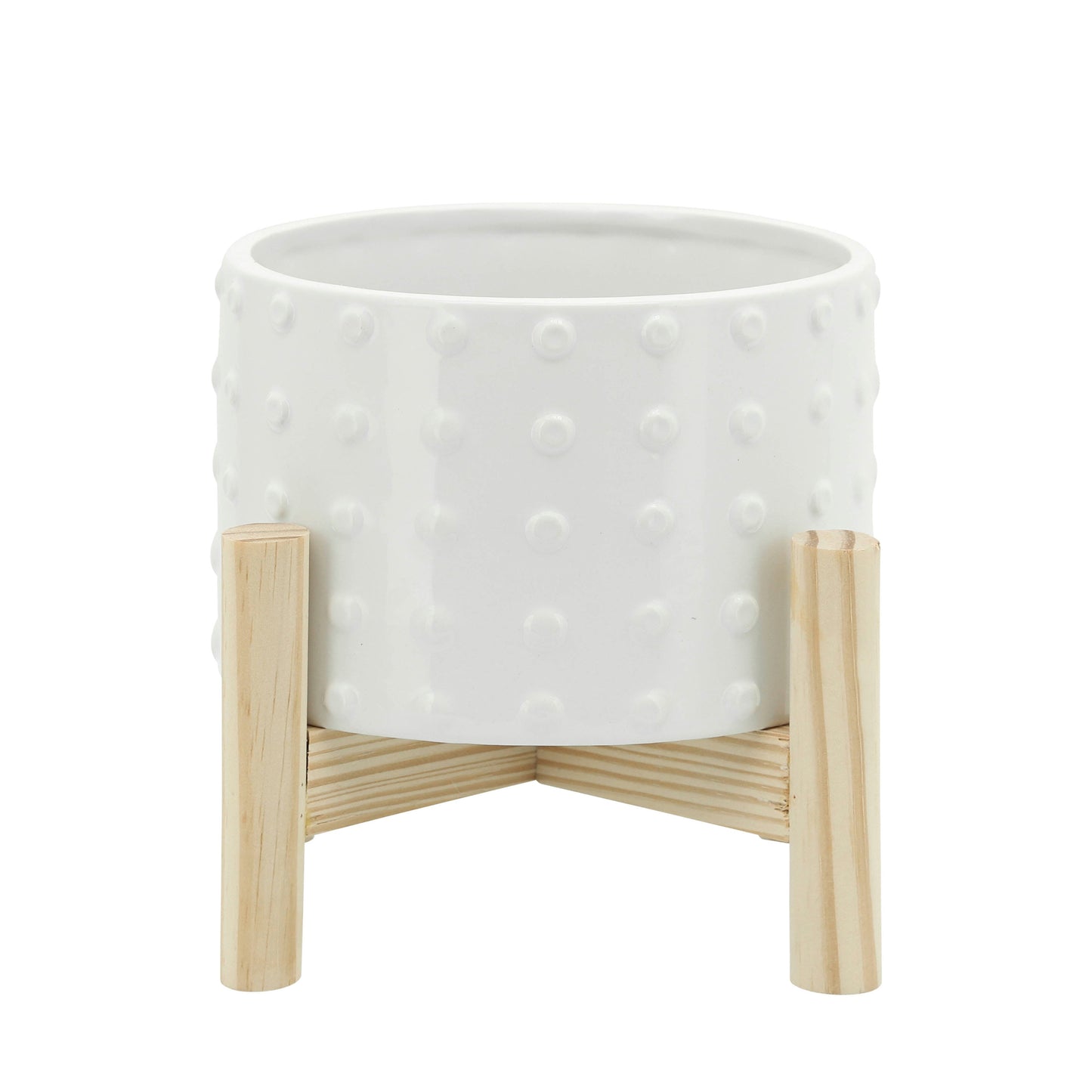 6" Ceramic Dotted Planter W/ Wood Stand, White