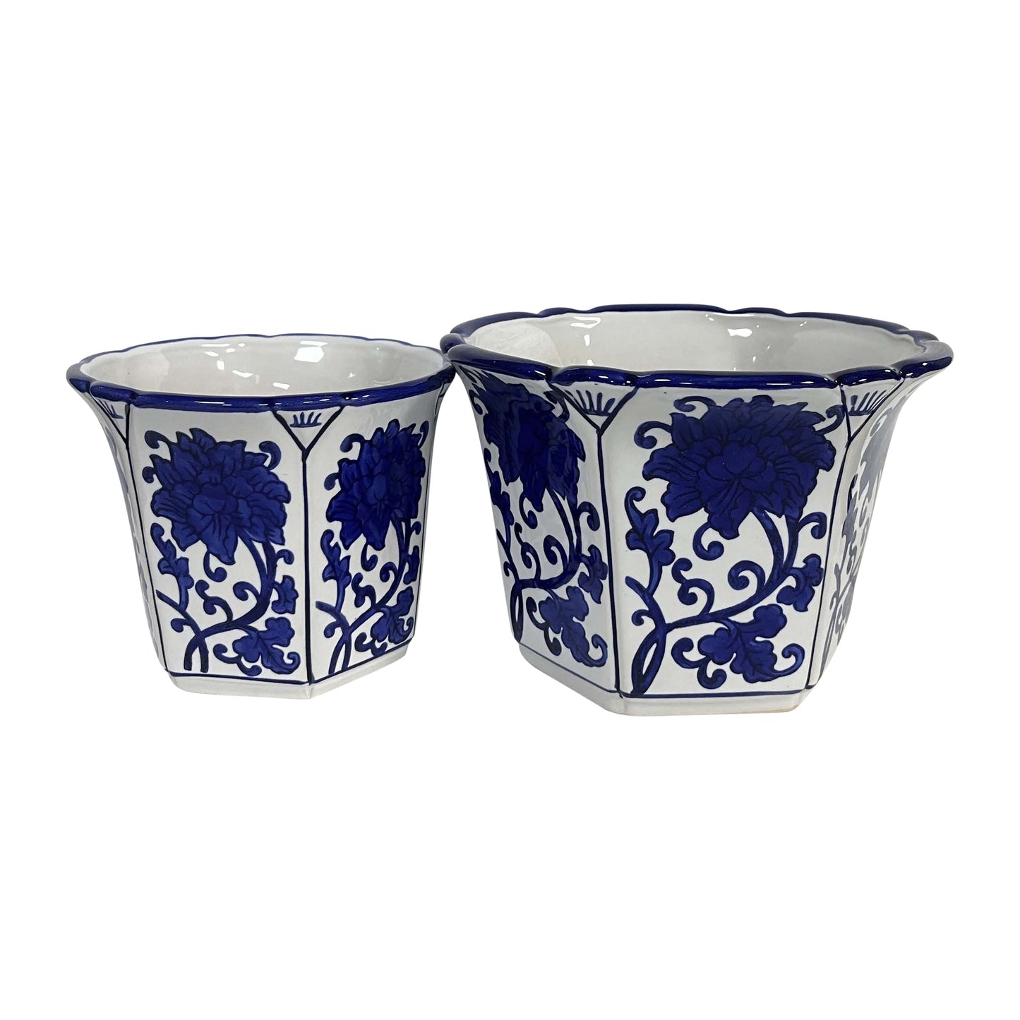 Cer, S/2 6/8" Fluted Chinoiserie Planters,blue/wht