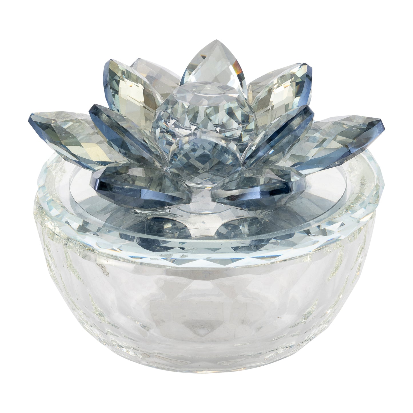 Glass Trinket Box Clear W/lt Blue Lotus Top