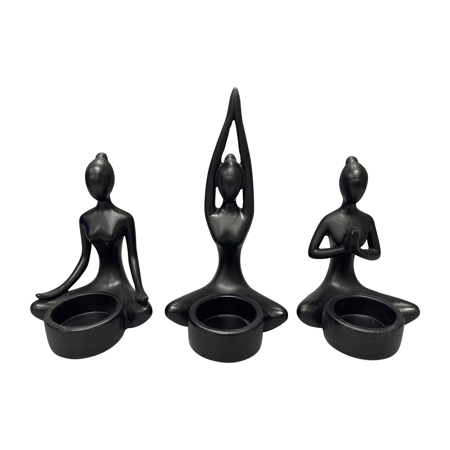 S/3, 7"h Resin Yoga Women Tealight Holder, Bk