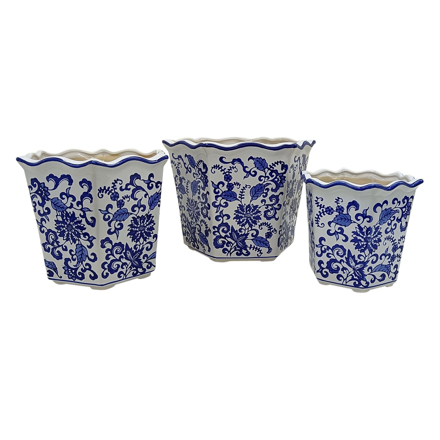 S/3 8/10/12" Chinoiserie Dahlia Planters, Blue/whi