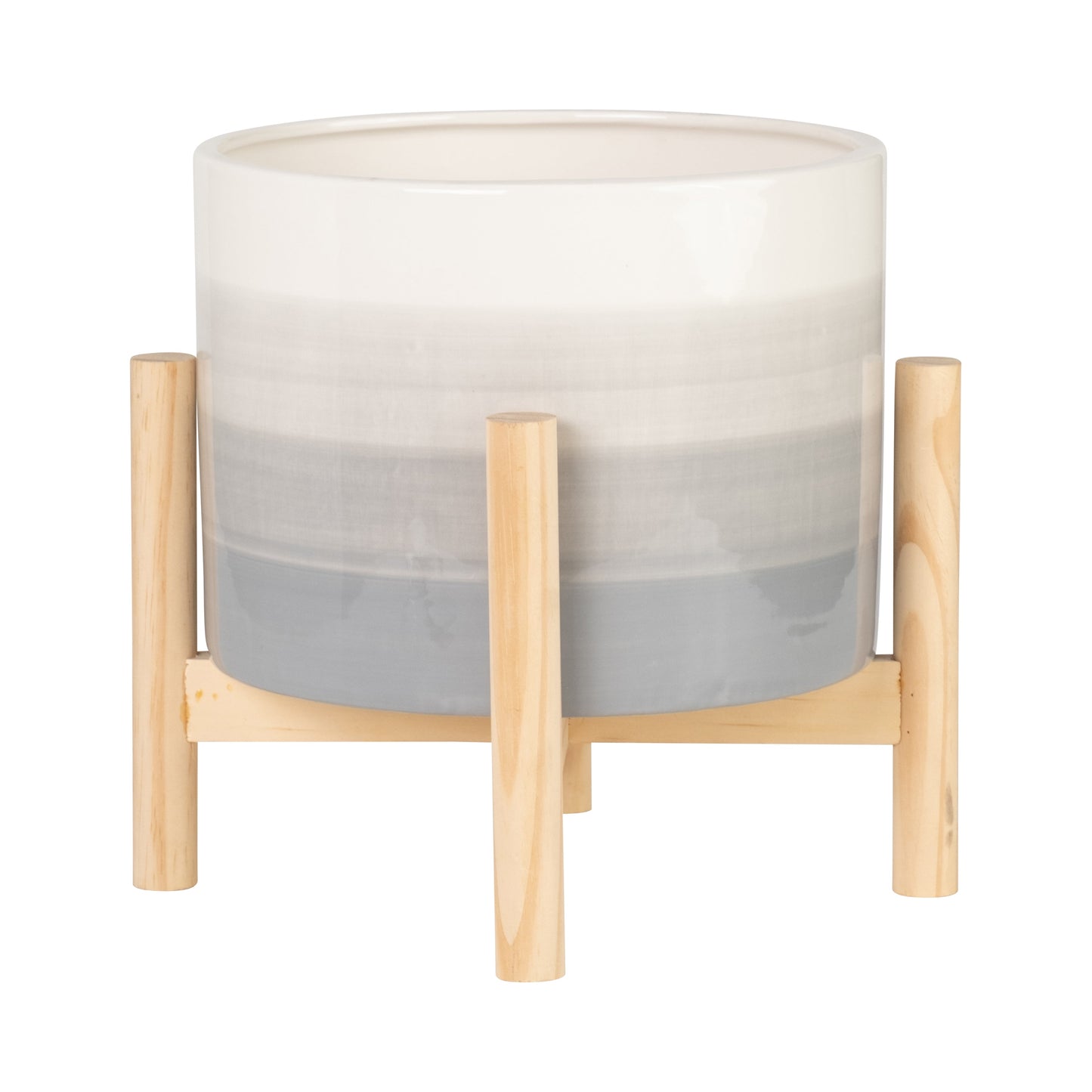8" Ceramic Planter W/ Wood Stand, Beige Mix