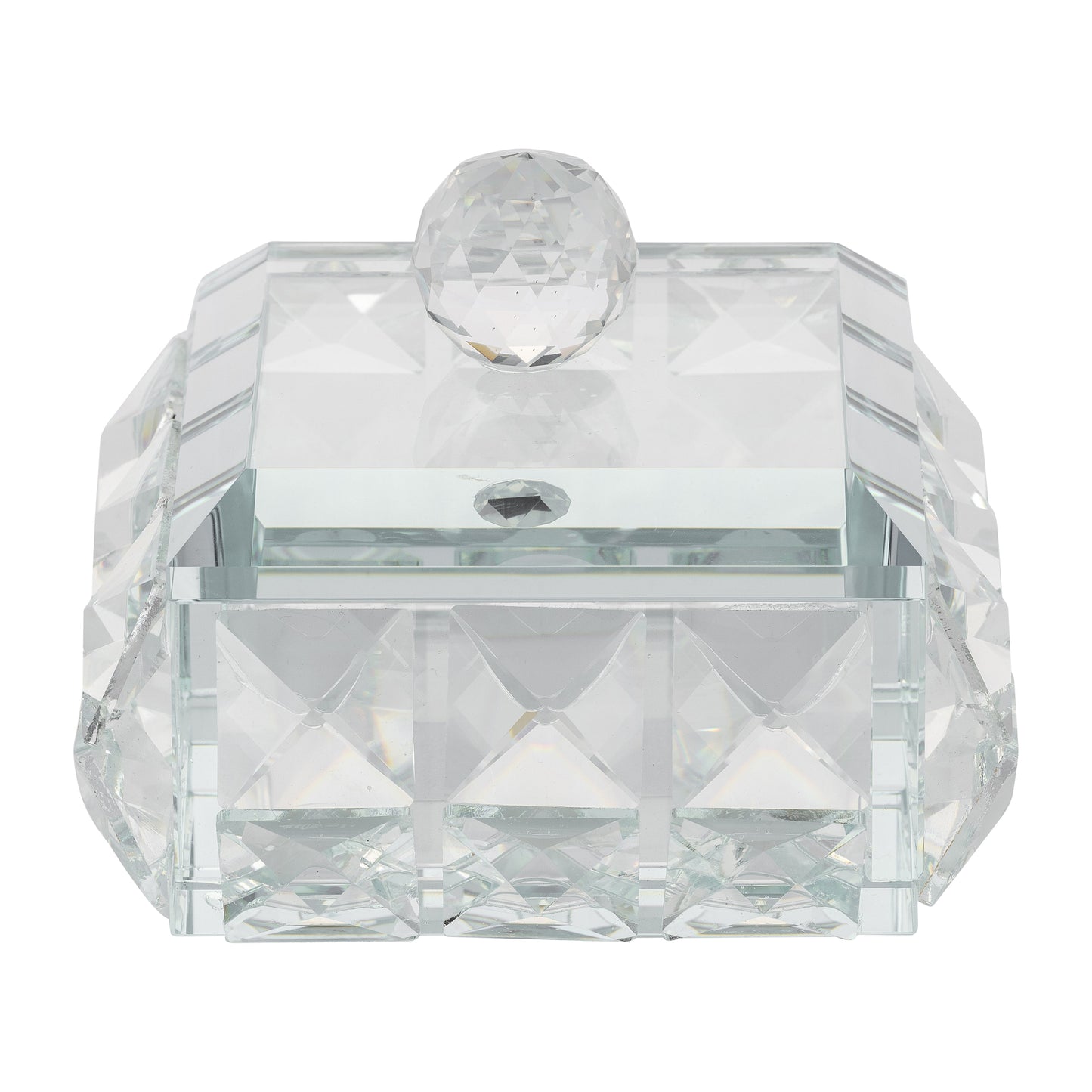 Glass, 4"d Diamond Trinket Box, Clear