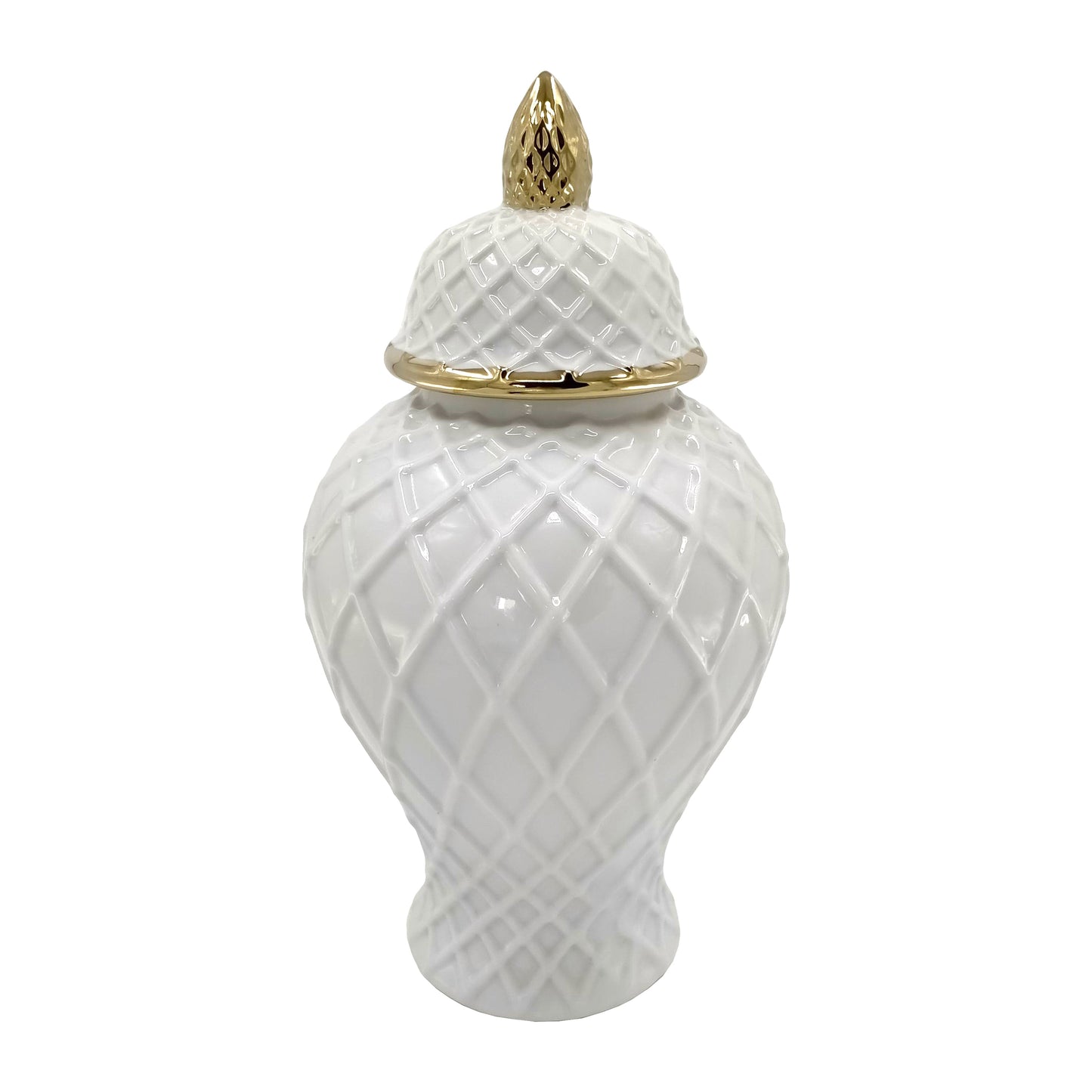 Cer, 14"h Rope Temple Jar, White/gold