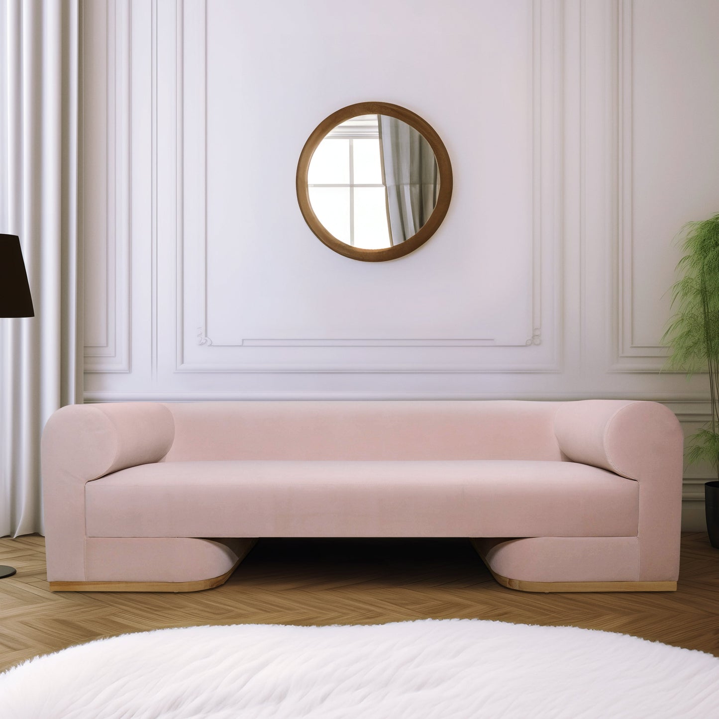 Modern Sofa - Oak Wood Base, Blush