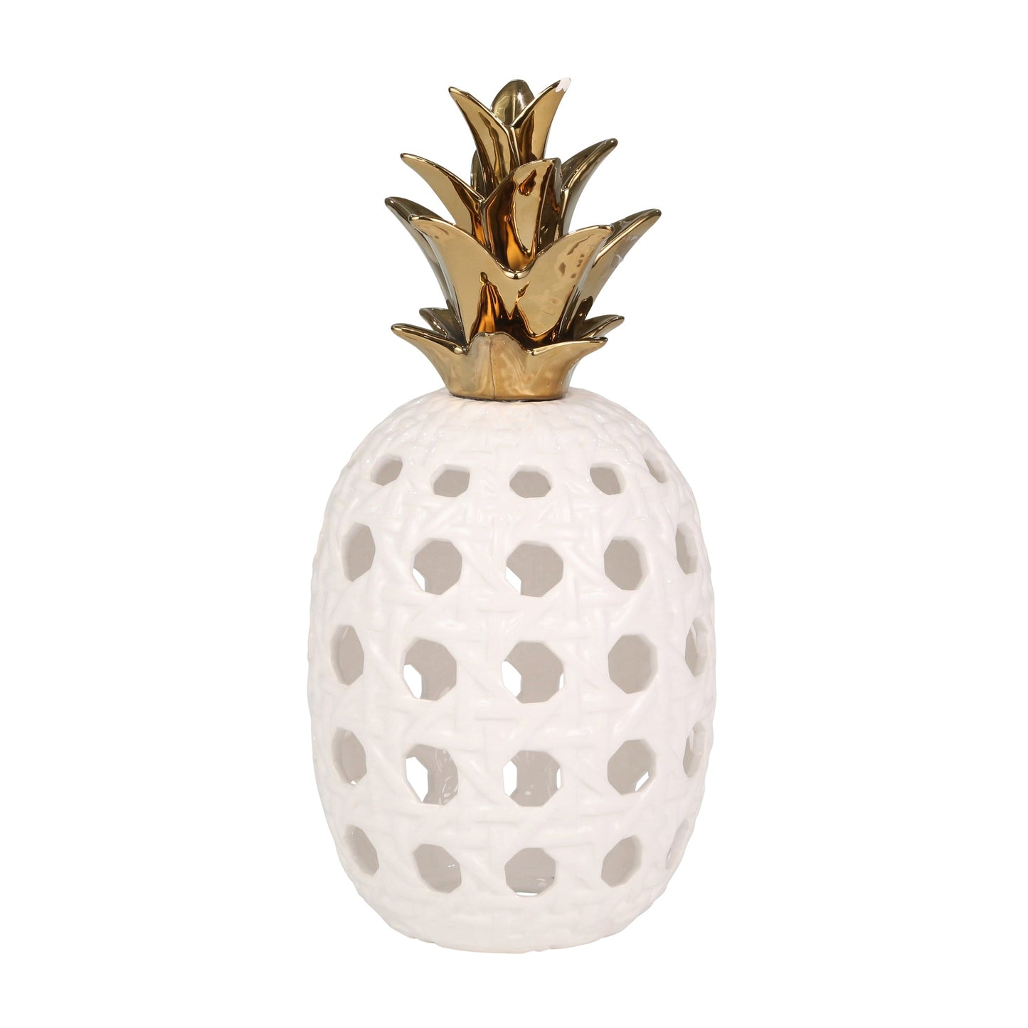 Ceramic 16" Lattice Weave Pineapple, White / Gold