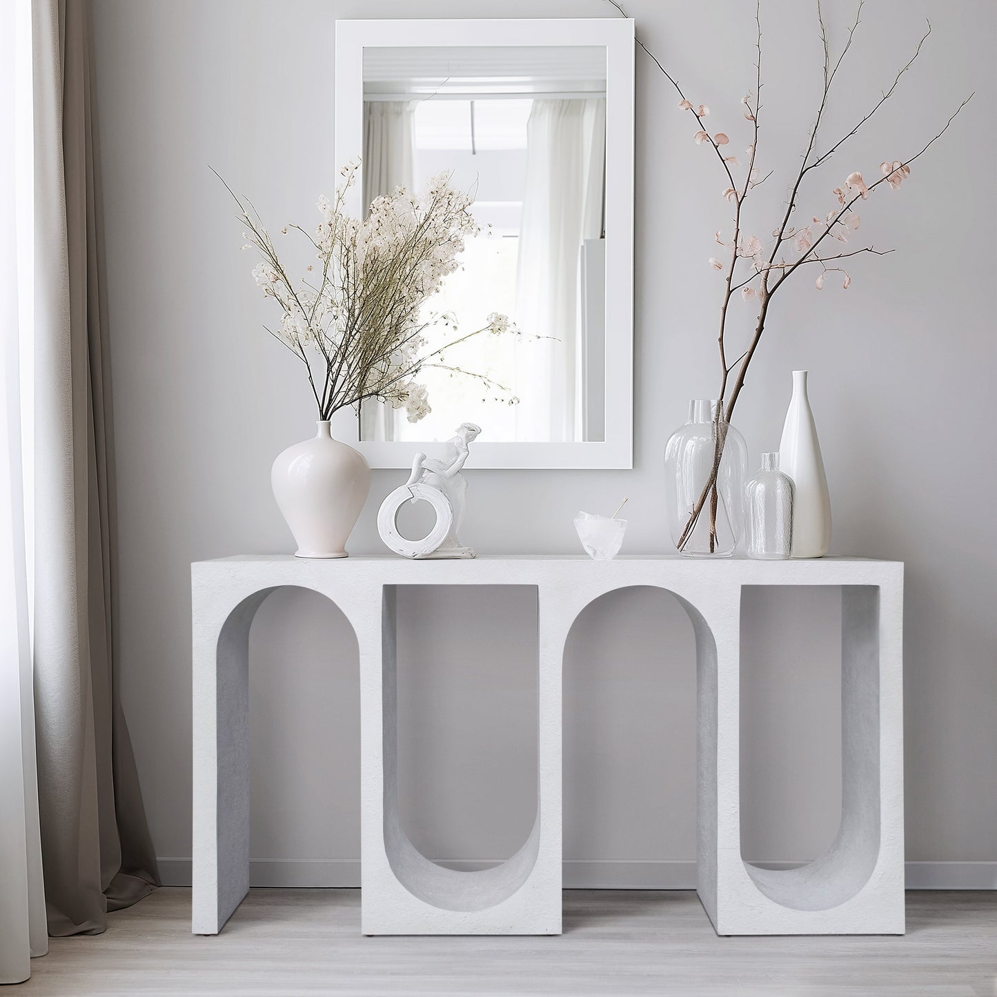 Wood, 55" Cement Textured Console, White