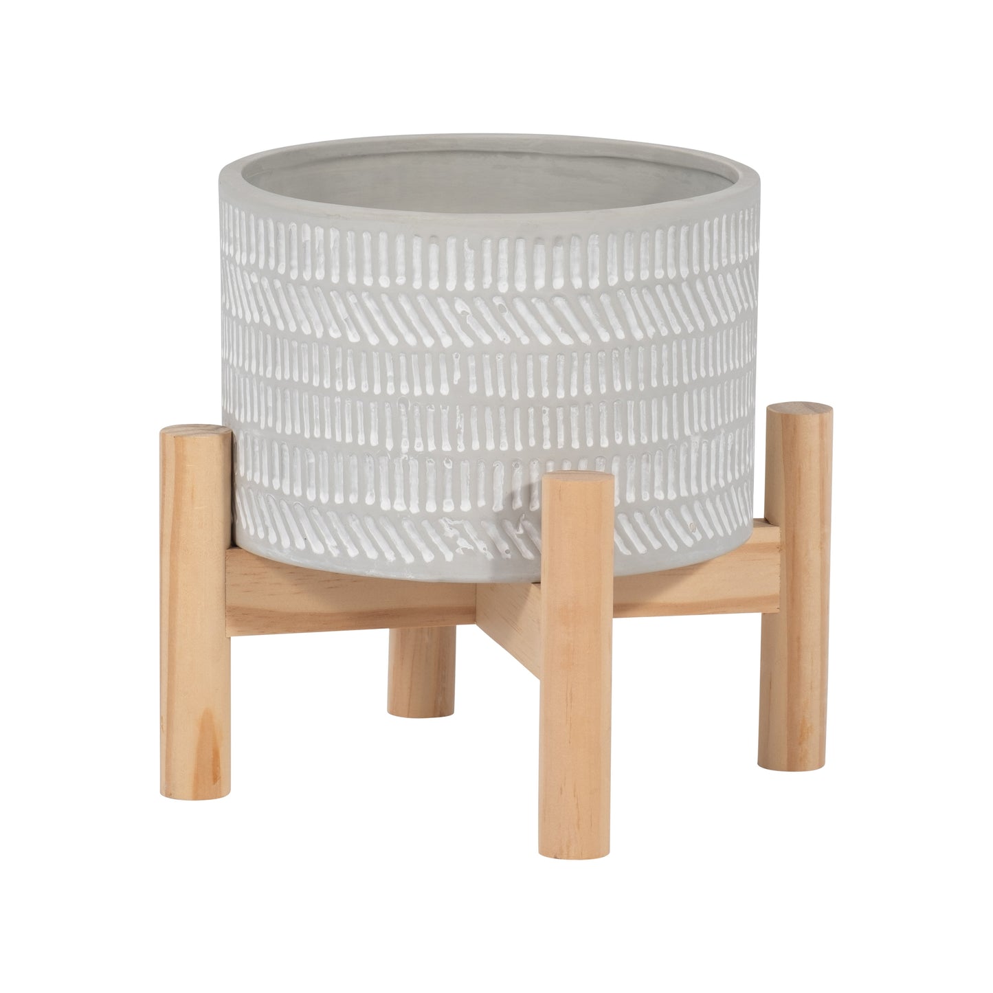 6" Ceramic Tribal Planter W/ Wood Stand, Beige