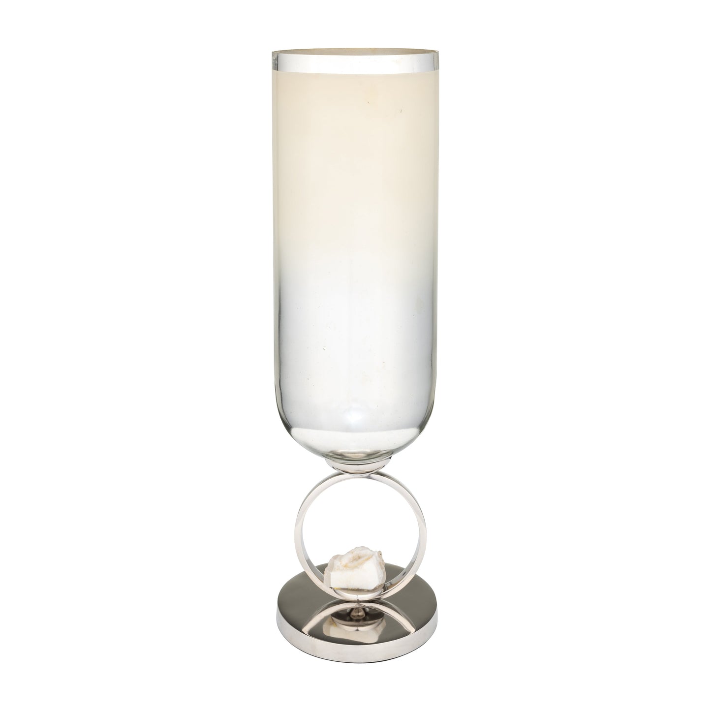 Glass, 21" Vase W/ Metal Base Stone Accent, Pearl