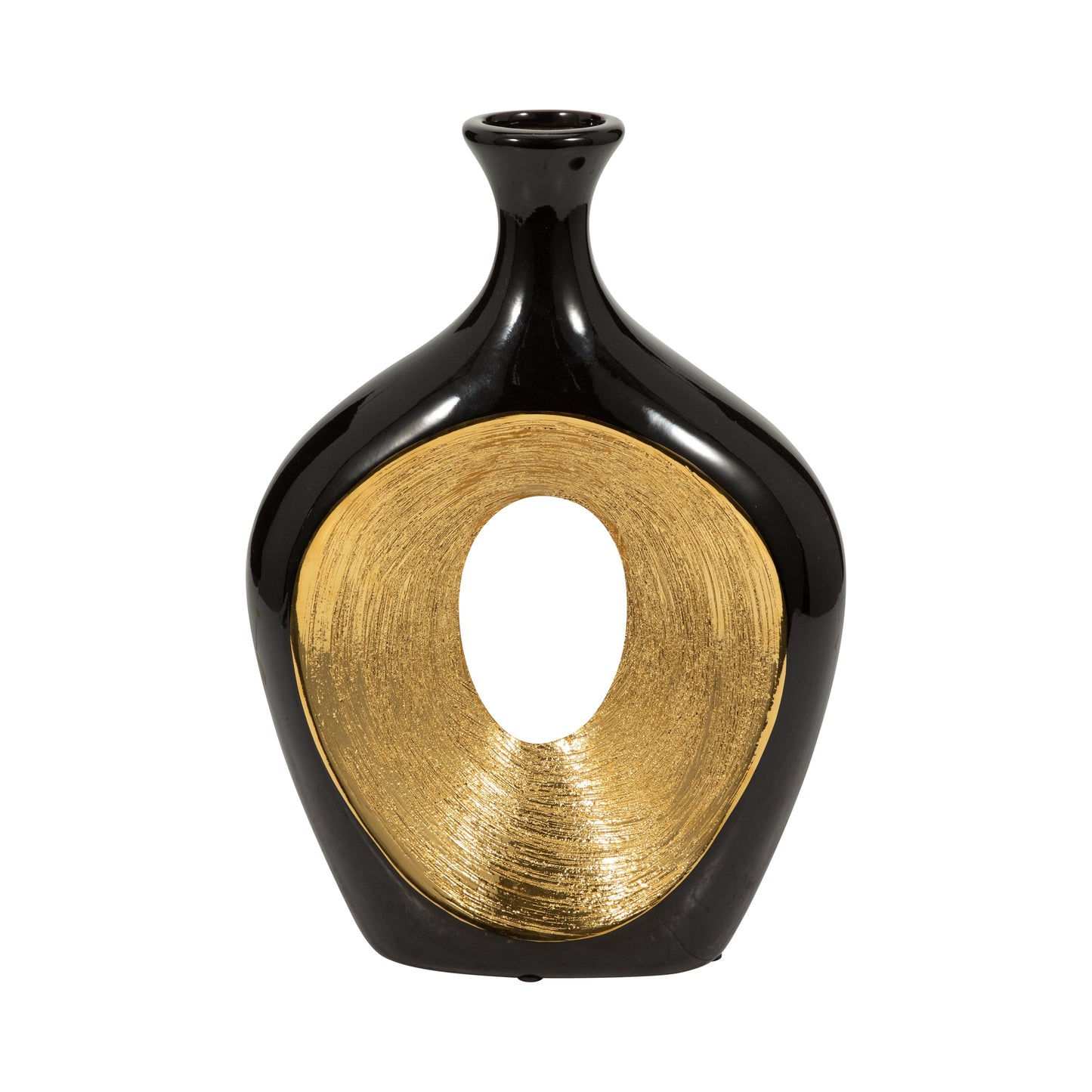 Cer, 13"h 2-tone Scratched Oval Vase, Blk/gld