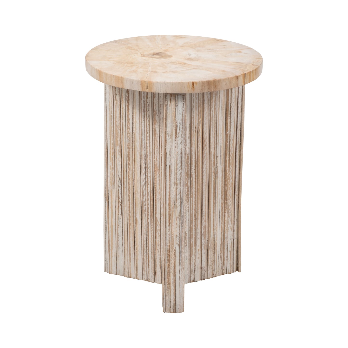 Petrified Wood And Teak 20" Accent Table, Cream