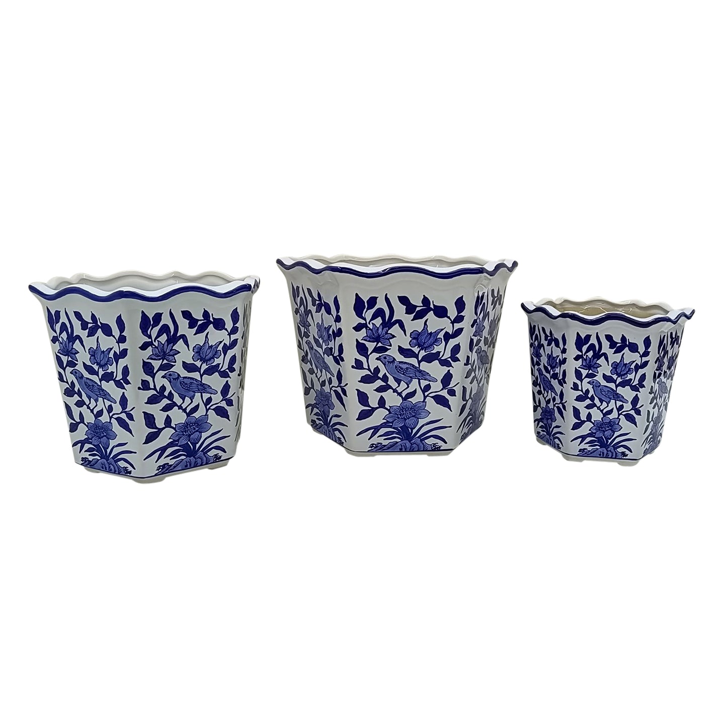 S/3 8/10/12" Chinoiserie Bird Planters, Blue/white