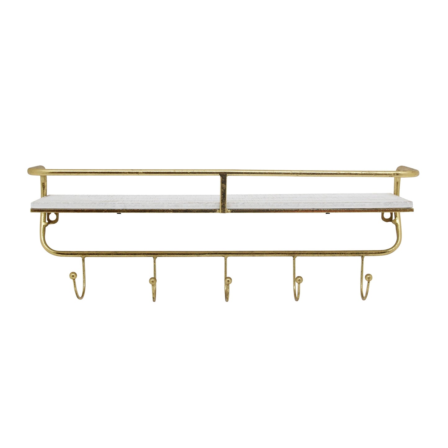 Metal/wood 20" 5 Hook Wall Shelf, White/gold