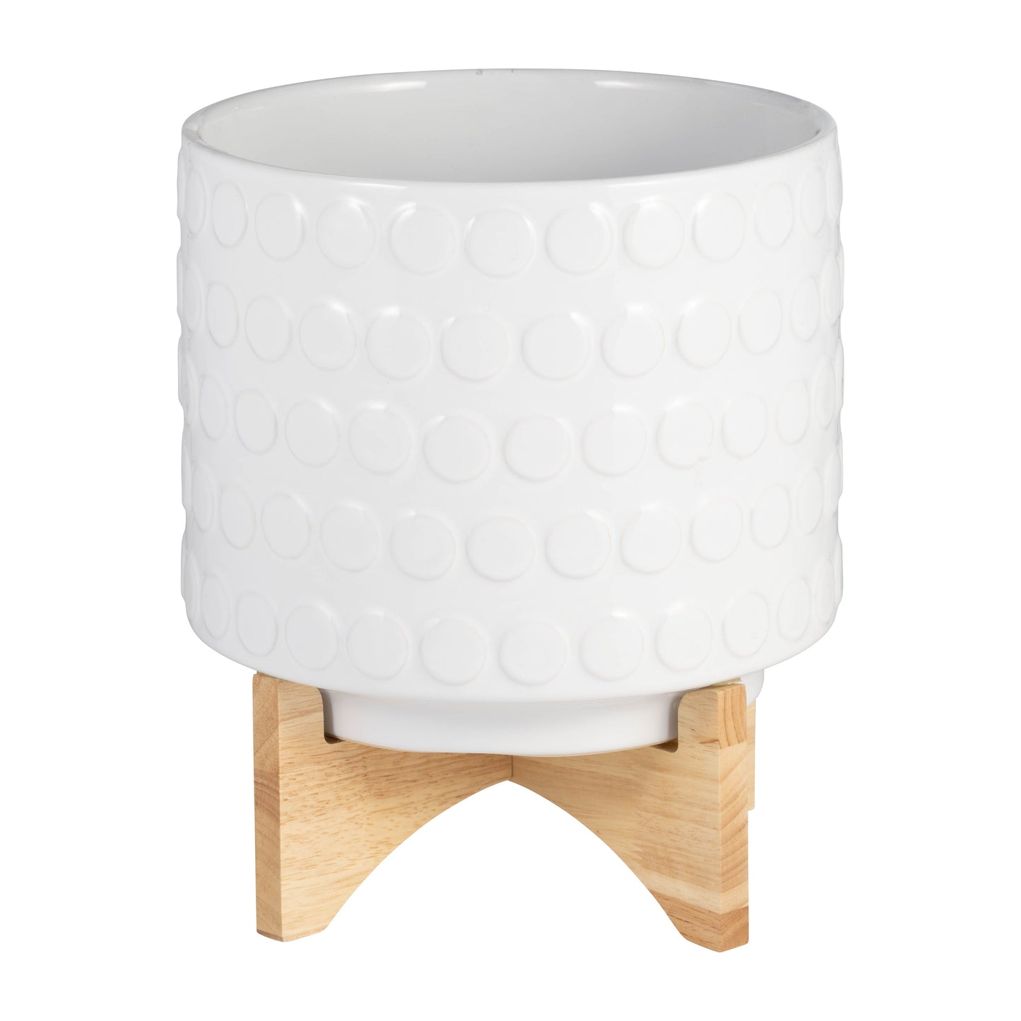 Ceramic 10" Planter On Wooden Stand, White
