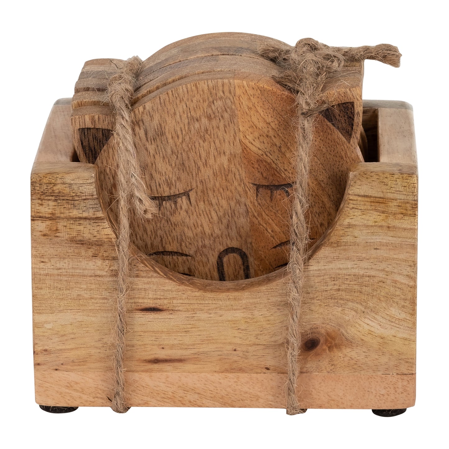 Wood, S/6 Cat Face Coasters W/ Stand,natural