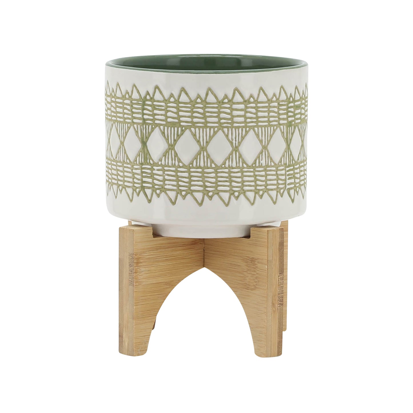 Ceramic 5" Aztec Planter On Wooden Stand, Olive