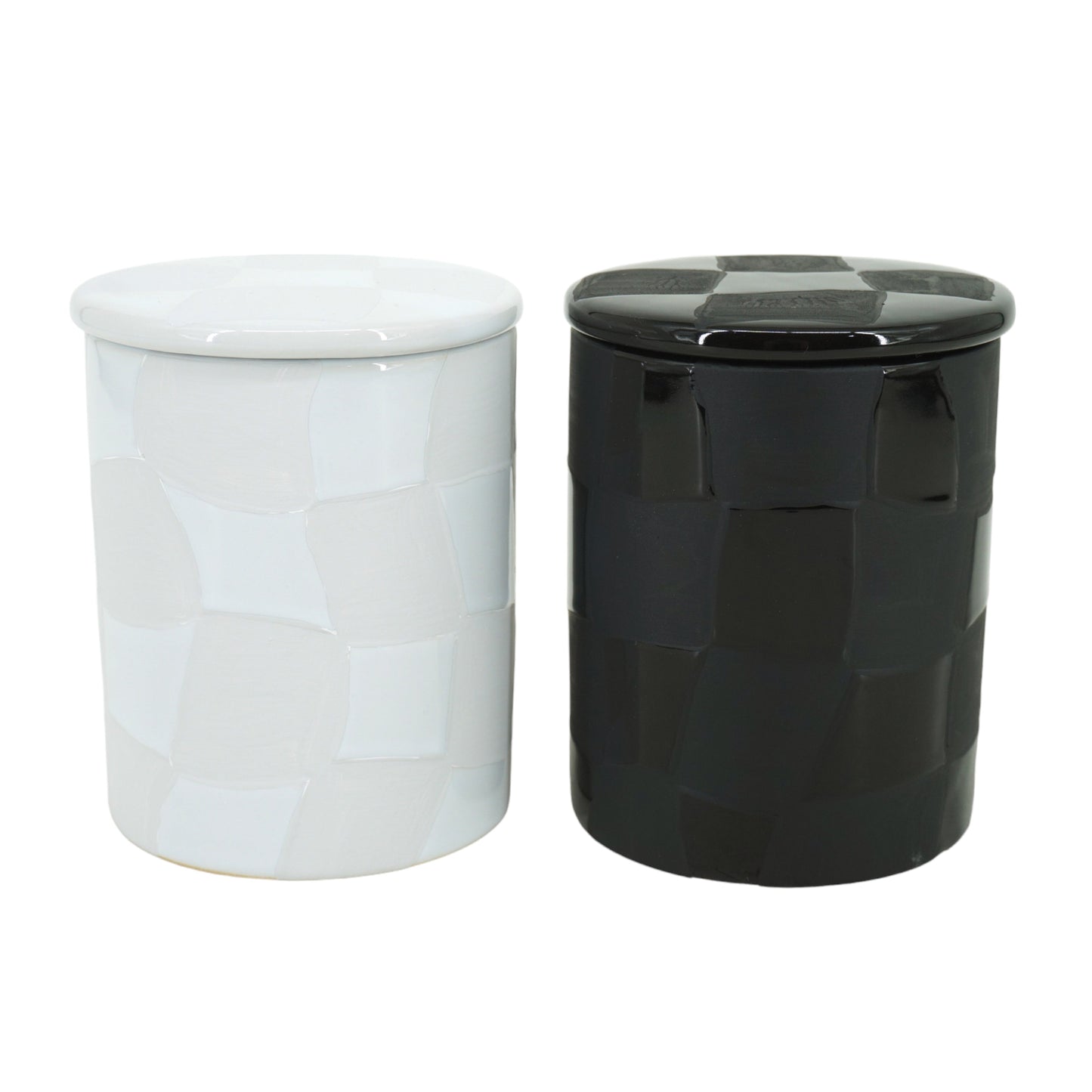 S/2 5" 10oz Tobacco Wvy Chckr Lidded Cndle,blk/wht