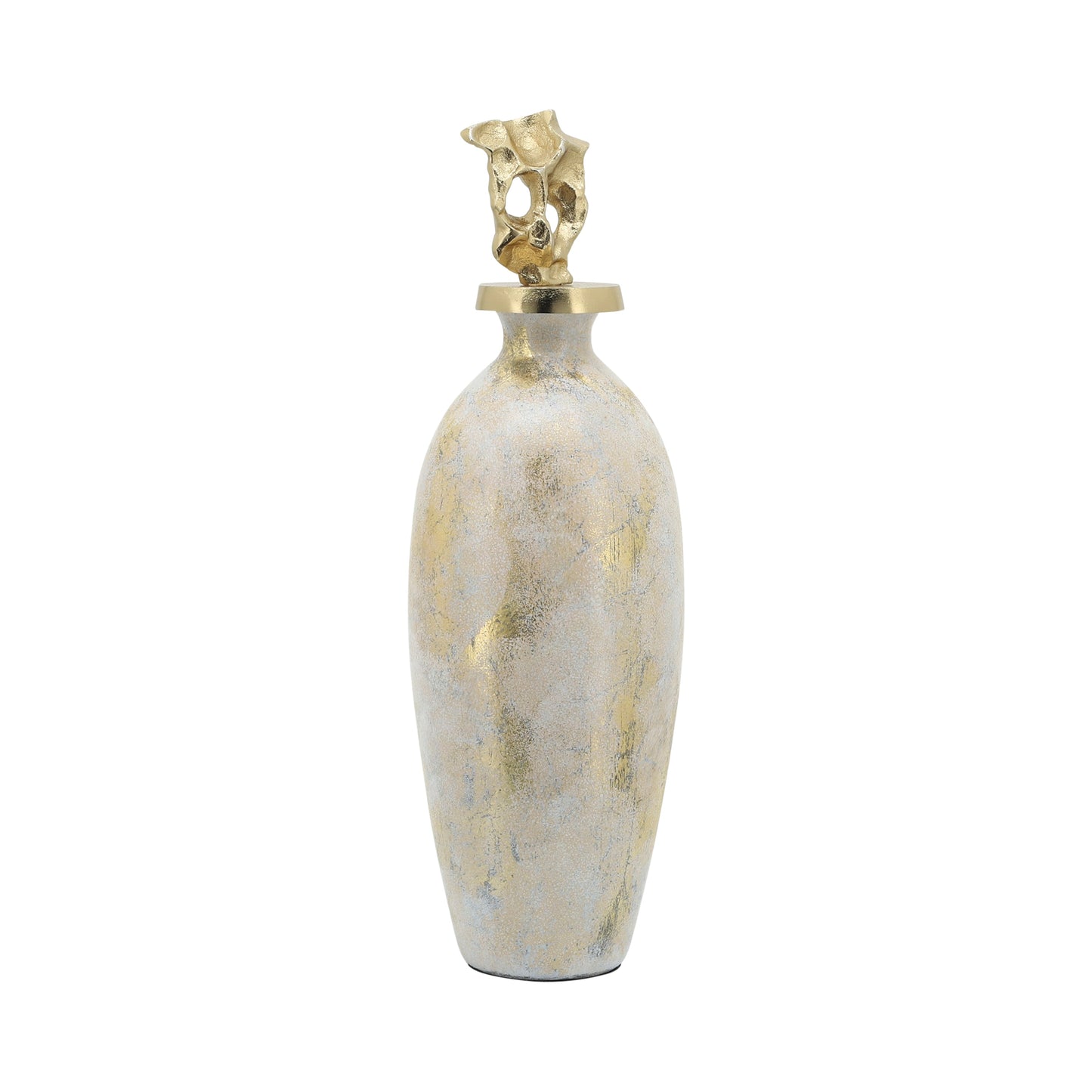 Glass, 20"h Metal Vase Tribal Topper, White/gold