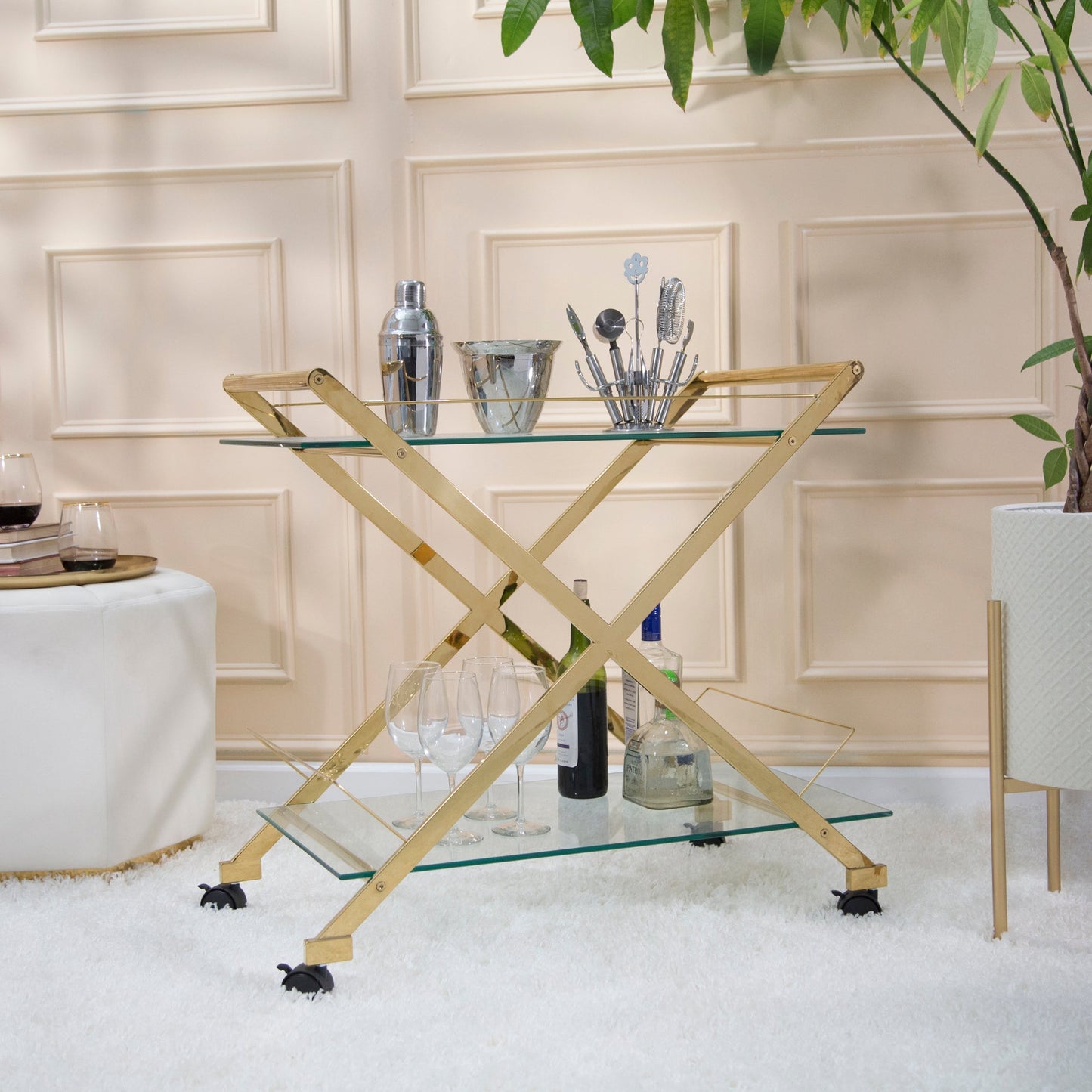 Two Tier 31" Rolling Bar Cart,gold Kd
