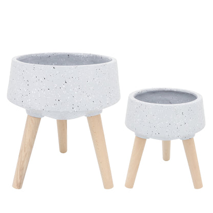 S/2 11/15" Terrazzo Planter W/ Wood Legs,  Gray