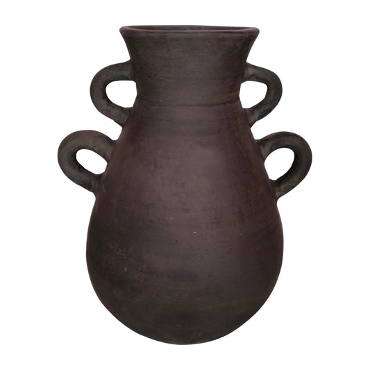 Terracotta, 12" Vase With 4 Handles, Black