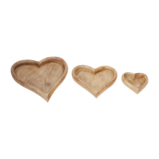 Wood, S/3 7/11/14" Heart Trays, Natural