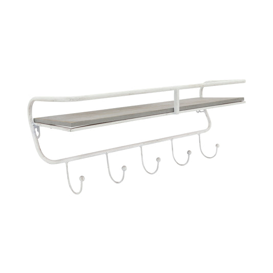 Metal/wood 20" 5  Hook Wall Shelf, White/gray