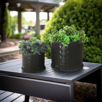 S/2 10/12" Diamond Planter W/ Saucer, Black