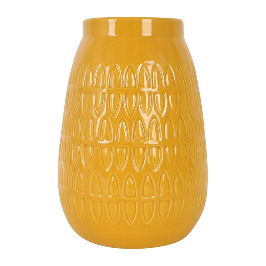 Cer, 8"h Carved Vase, Mustard Gold