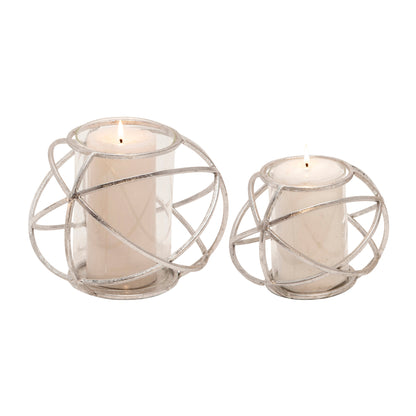 S/2 6" Orb Candle Holder , Silver