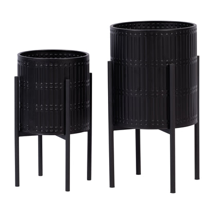 S/2 Ridged Planters In Metal Stand, Black