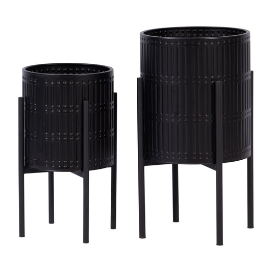S/2 Ridged Planters In Metal Stand, Black