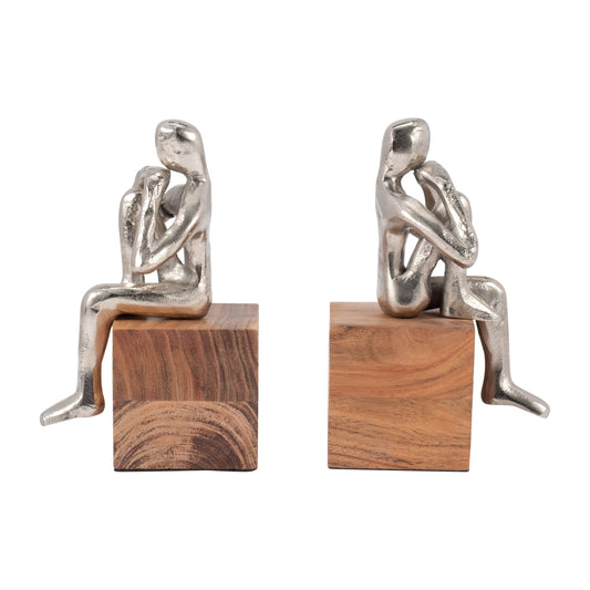 Metal, S/2 7" Thinking Man Bookend Wood Base, Silv