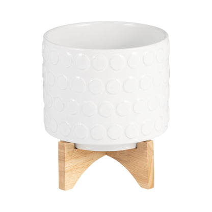 Ceramic 8" Planter On Wooden Stand, White