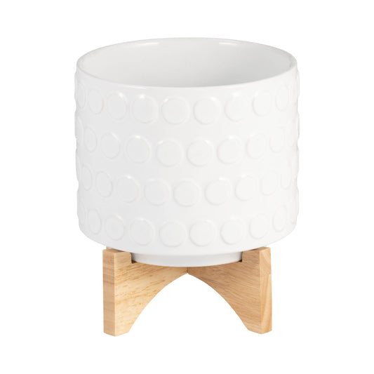 Ceramic 8" Planter On Wooden Stand, White