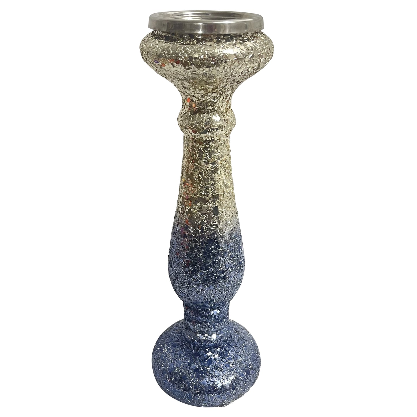 15" Silver Blue, Crackled Candle Holder