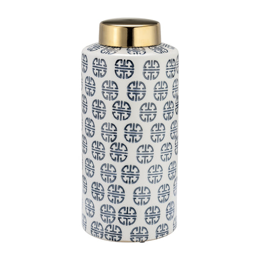 Cer, 13"h Modern Ginger Jar, Navy/white