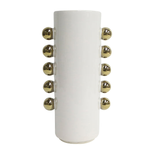 Cer, 13" Vase W/ Side Knobs, White/gold