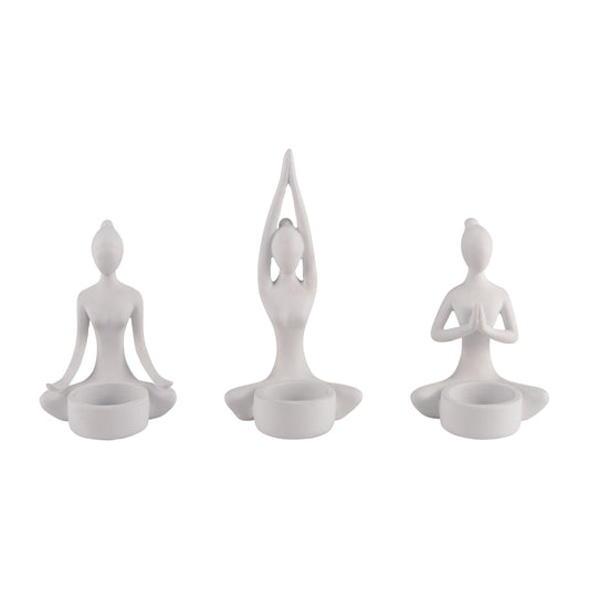 S/3, 7"h Resin Yoga Women Tealight Holder, Wt