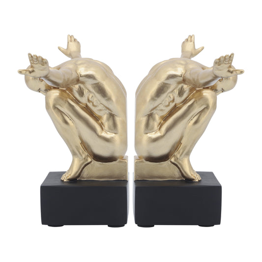 Resin, S/2, 6''h,  Man Sculpture Bookend, Gold