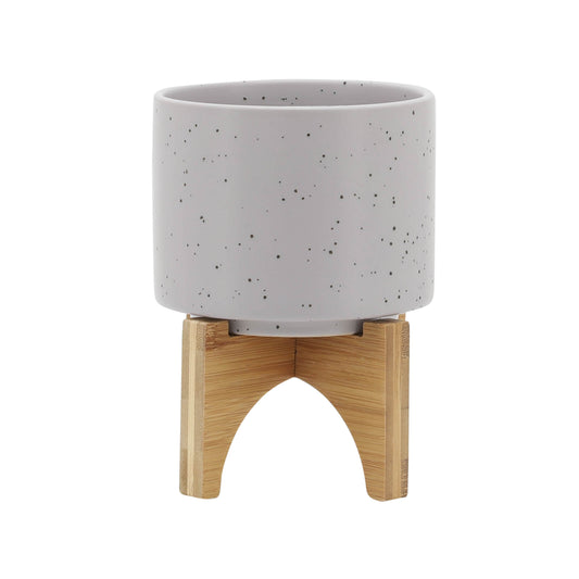 5" Planter W/ Wood Stand, Matte Beige