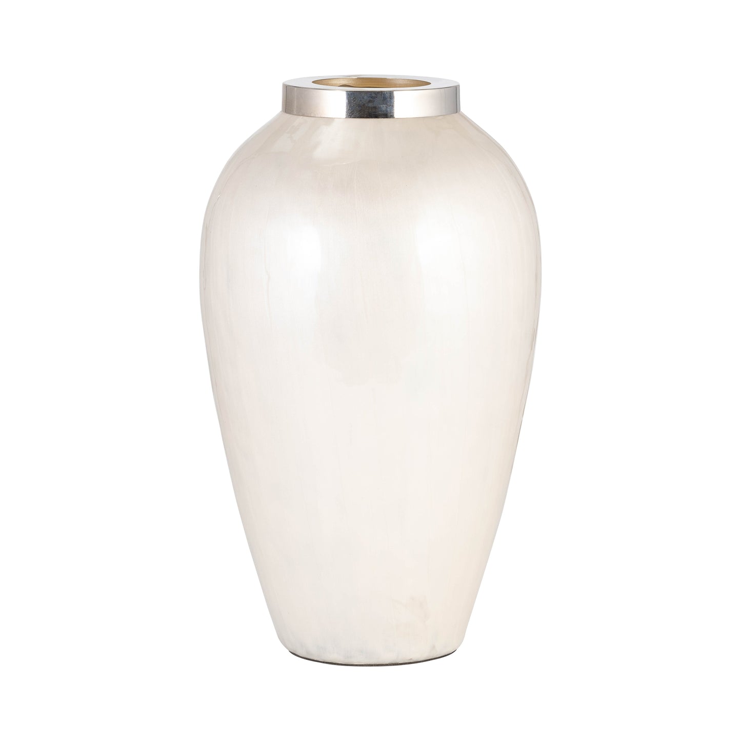 Glass, 17"h Vase W/ Metal Ring, Pearl