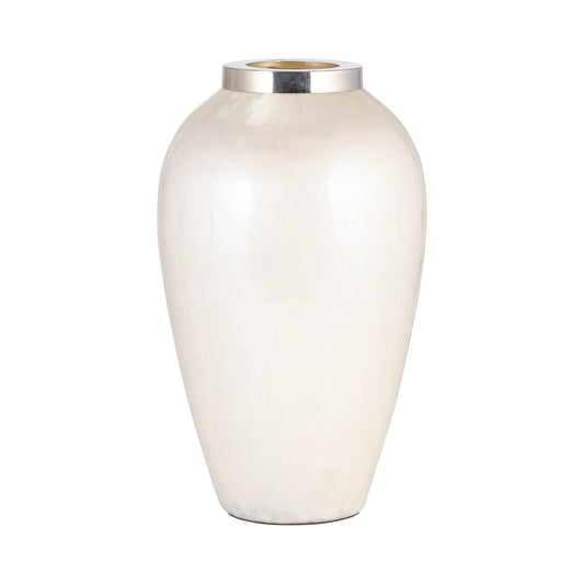 Glass, 17"h Vase W/ Metal Ring, Pearl