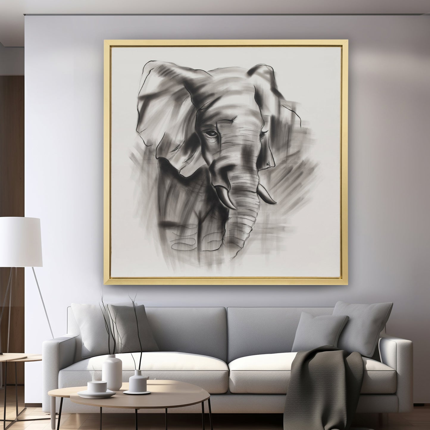 71x71, Hand Painted Elephant Beauty, Gray/wht