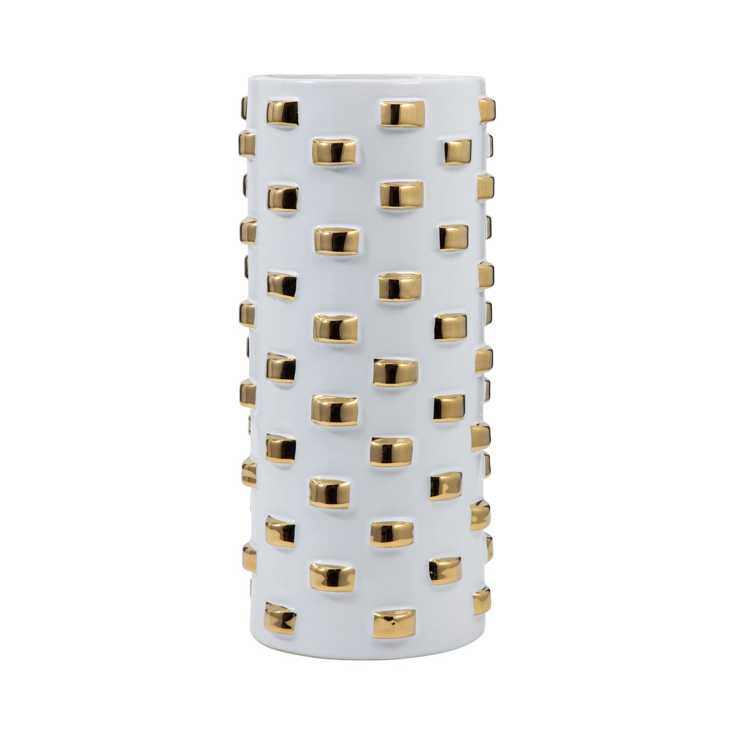Stoneware, 11" Cylinder Vase, White/gold