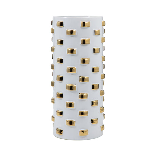 Stoneware, 11" Cylinder Vase, White/gold