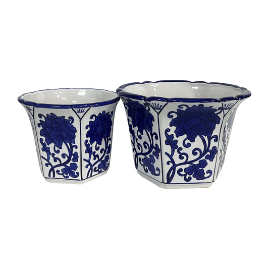 Cer, S/2 6/8" Fluted Chinoiserie Planters,blue/wht