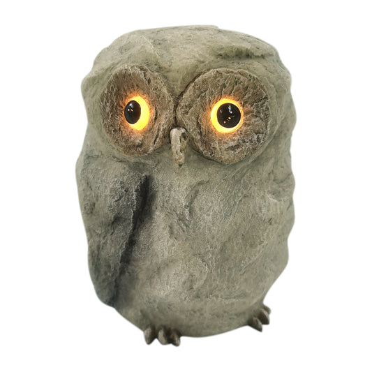 6" Faux Rock Owl With Solar Eyes, Grey