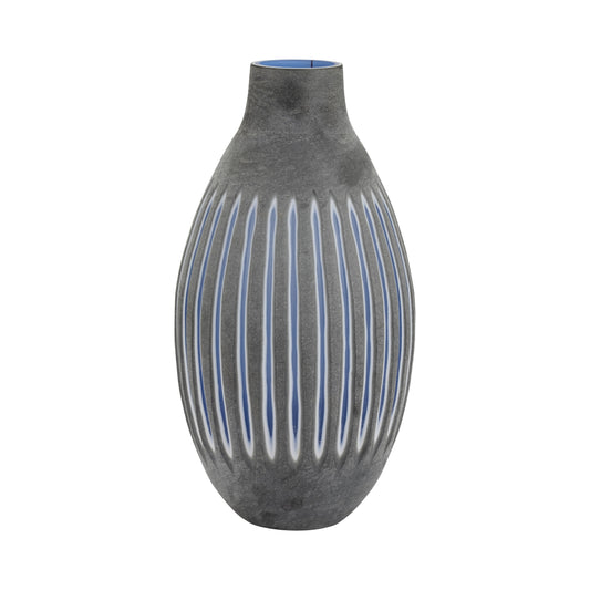 Glass, 17" Ridged Vase, Blue/gray